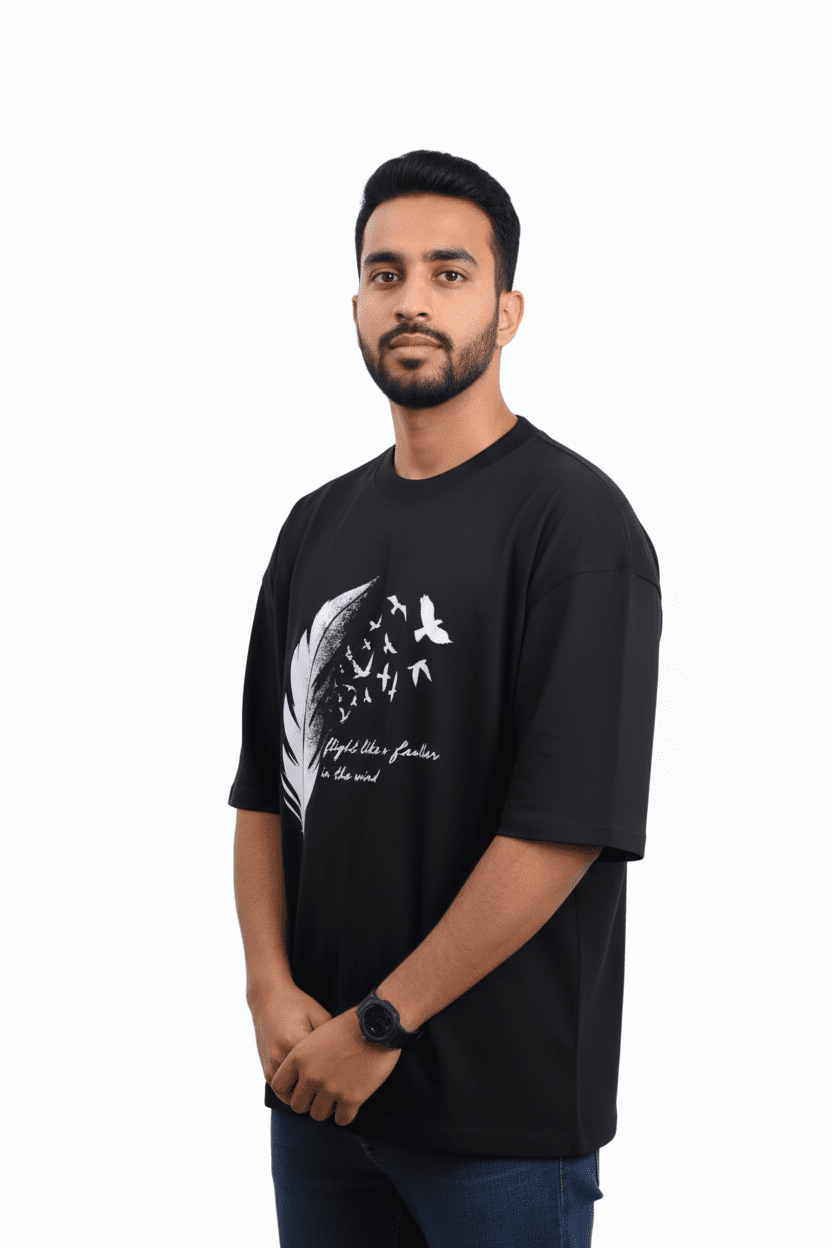 Feather Black Oversized Graphic T-Shirt! - sidewalk.pk