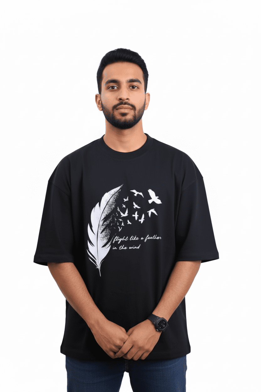 Feather Black Oversized Graphic T-Shirt! - sidewalk.pk